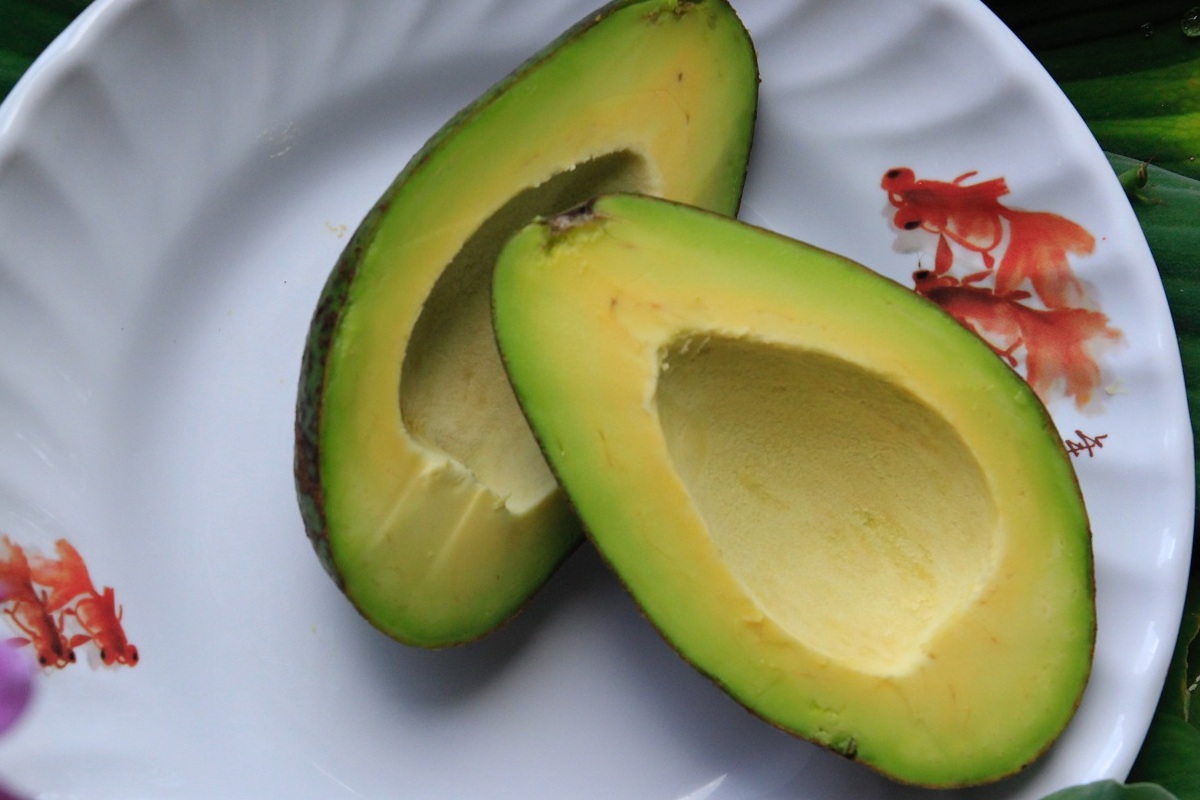 Imagem de um abacate, cortado ao meio e sem caroço sobre um prato
