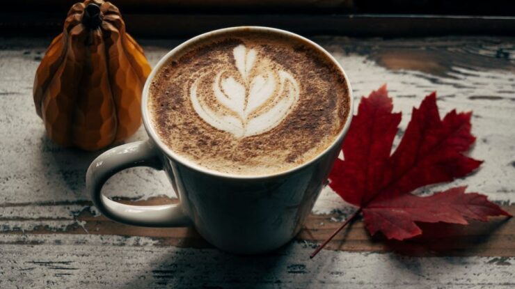 Xícara de café ao lado de fruta e folha de árvore em tom avermelhado sobre mesa rústica de madeira com desenho feito na bebida com mistura de líquidos de cores e texturas diferentes feito por um Apaixonado por café