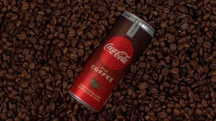 Lata de Coca-Cola Plus Coffee posicionada sobre uma superfície repleta de grãos de café torrado, destacando a combinação única de sabores.