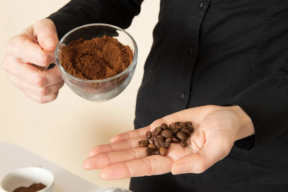 Pessoa segurando grãos de café na mão e um recipiente com café moído fresco, destacando o contraste entre as formas de preparo.