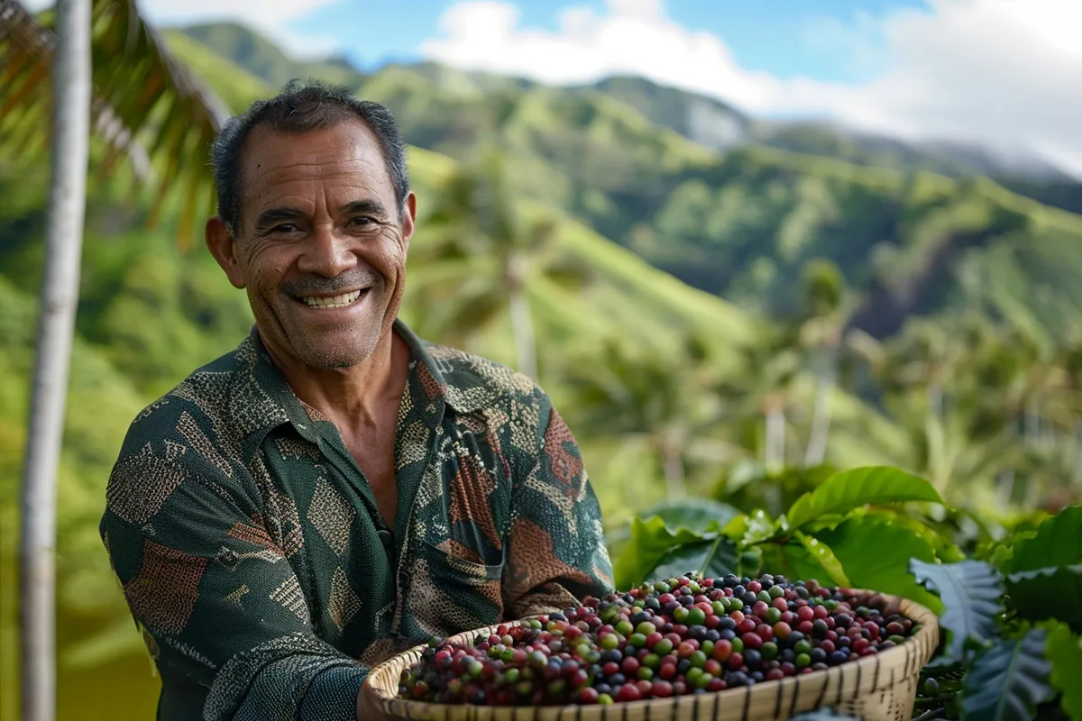 Agricultor sorridente segurando uma cesta cheia de grãos de café frescos em uma plantação.