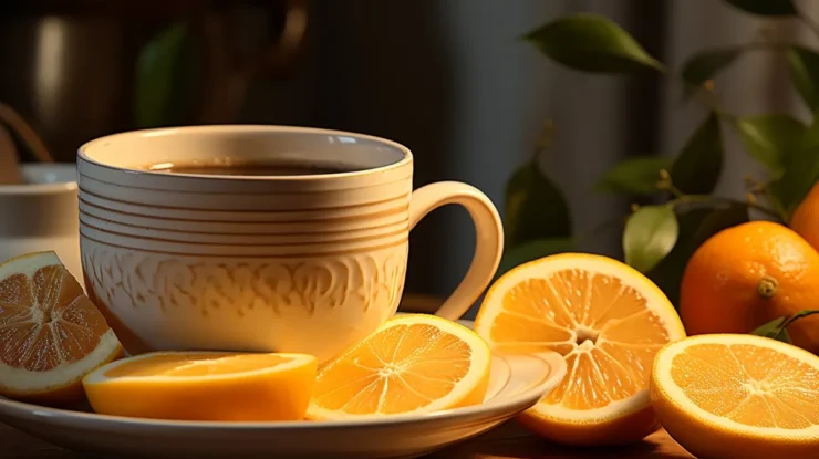 Xícara de chá quente ao lado de fatias frescas de laranja sobre um prato, com folhas verdes ao fundo, criando um ambiente aconchegante.