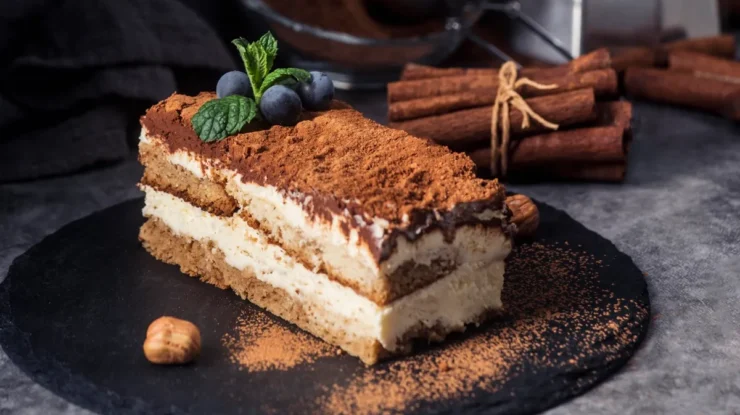 Fatia de tiramisu servida em prato preto, decorada com cacau em pó, folhas de hortelã e mirtilos, com paus de canela ao fundo