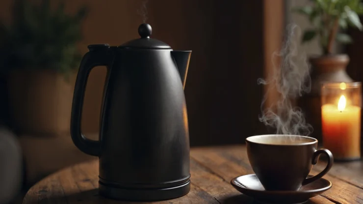 Chaleira elétrica e uma xícara com café em uma mesa