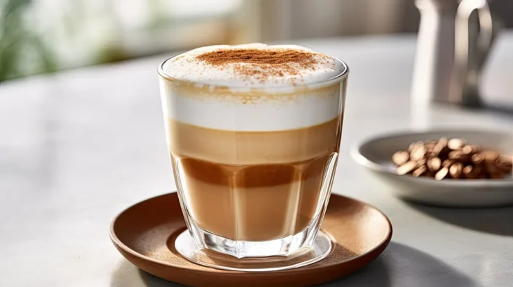 Copo de espresso macchiato com camadas visíveis de café e espuma cremosa, servido em pires de cerâmica sobre uma mesa clara.