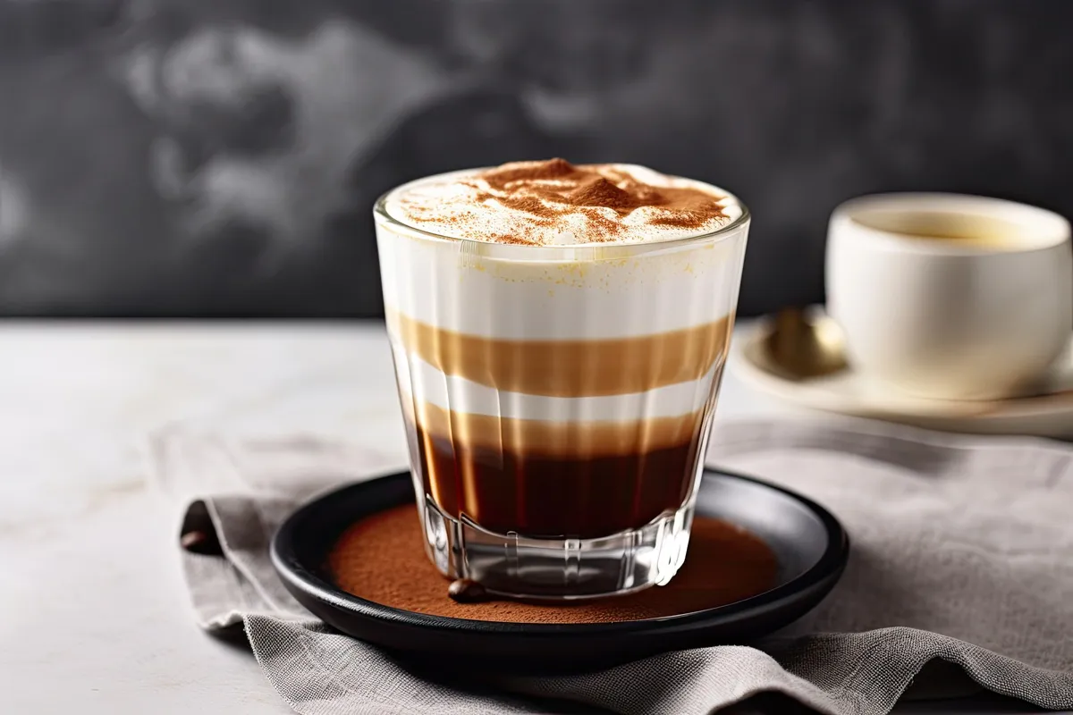 Espresso macchiato servido em copo transparente com camadas visíveis de café, leite vaporizado e espuma cremosa, sobre pires preto e pano rústico.