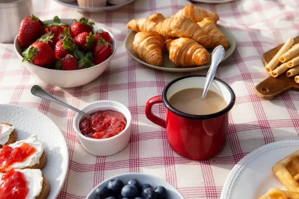 Mesa posta café da manhã com tigelas de morangos e mirtilos, croissants, canecas de café com leite e torradas com cream cheese e geleia.