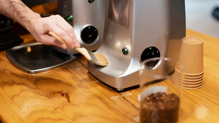 Barista usando uma escova para limpar a máquina de café expresso enquanto a grão de café está em recipiente próximo, com copos descartáveis empilhados ao lado