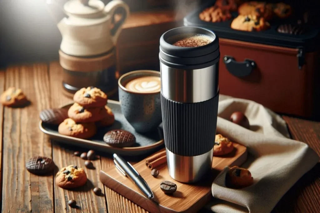 Caneca térmica café, caneca térmica, café, cookies, cookies com gotas de chocolate, café da manhã, caneca de metal