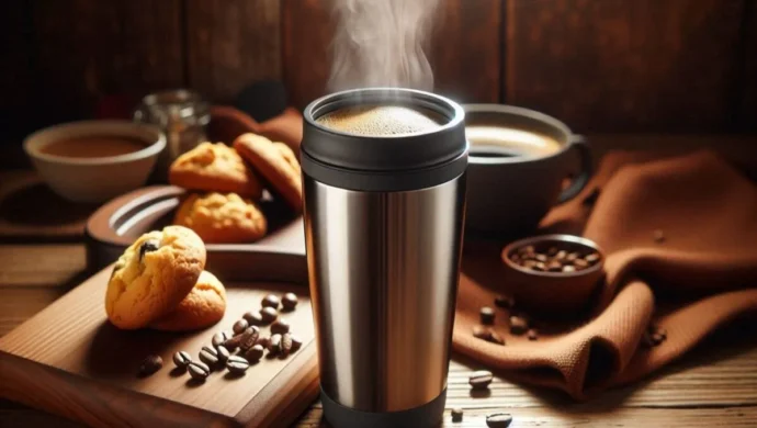 Caneca térmica café, caneca térmica, café, cookies, grãos de café, caneca de metal, café da manhã
