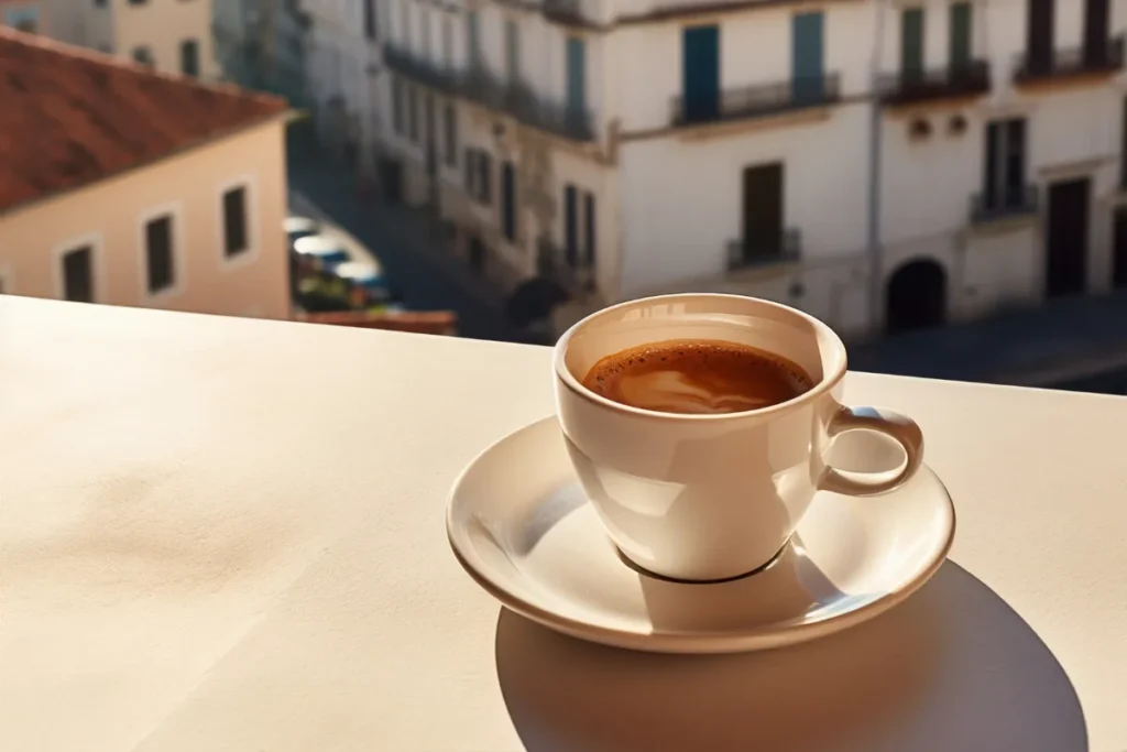 Cup of coffee on a balcony with city view in the background.