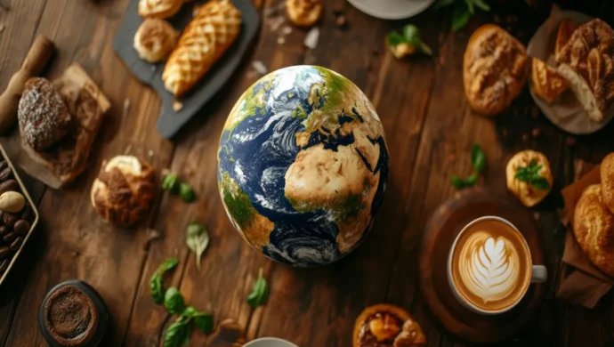 Cup of coffee with latte art surrounded by pastries and a globe, symbolizing coffee around the world.