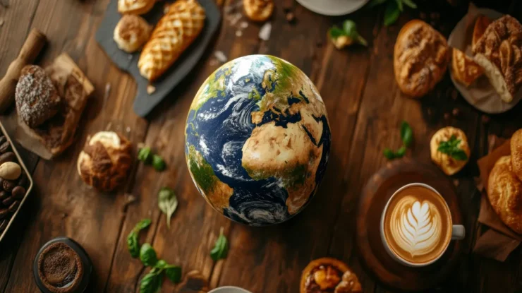 Cup of coffee with latte art surrounded by pastries and a globe, symbolizing coffee around the world.