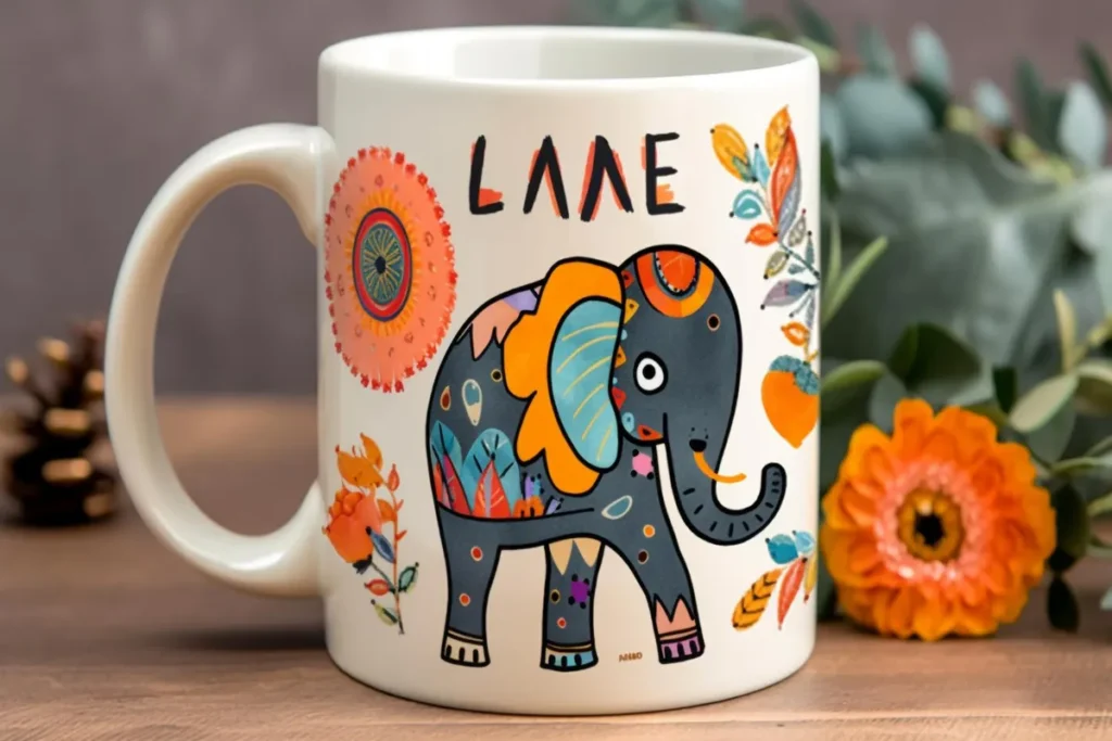 Caneca personalizada branca com desenho de elefante colorido e detalhes florais.