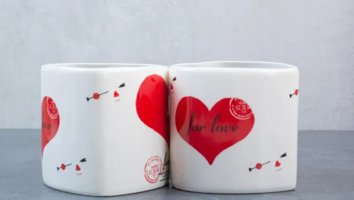 Duas canecas personalizadas brancas com estampa de coração vermelho e a frase "for love".