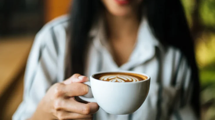 Mulher segurando uma xícara branca de cappuccino sabor caramelo salgado com latte art.
