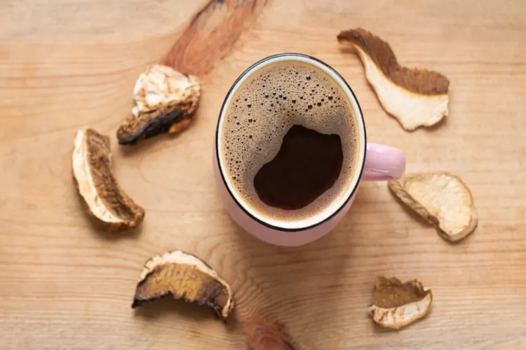 Vista de cima de uma caneca de esmalte rosa com café, cercada por pedaços de cogumelos secos sobre uma superfície de madeira.