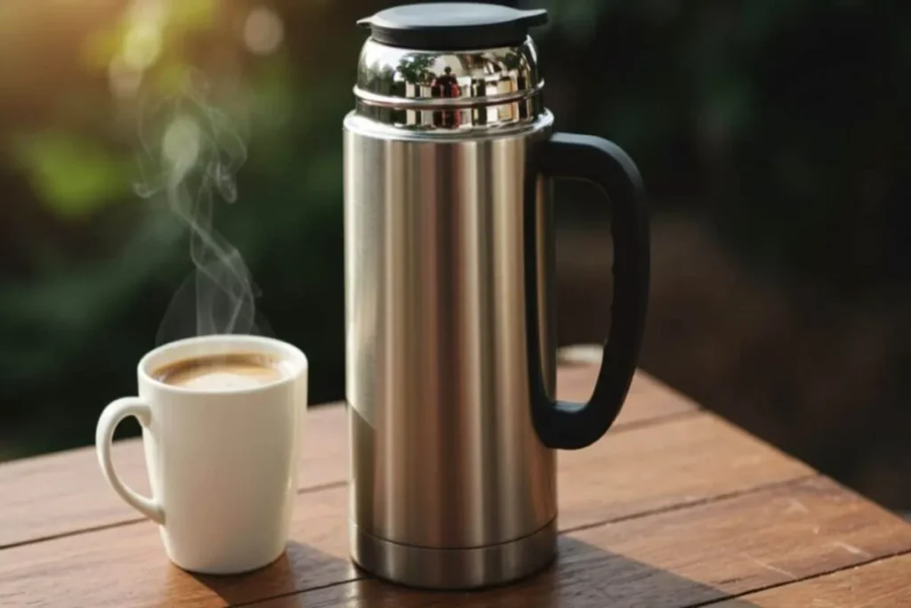 Uma foto de uma garrafa térmica de aço inoxidável e uma xícara de café branco fumegante em uma mesa de madeira. A luz do sol bate na cena, criando um brilho na superfície metálica da garrafa. O fundo é borrado e escuro, com vegetação.