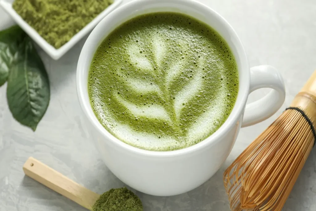 Xícara de matcha latte cremoso com desenho na espuma, ao lado de pó de chá verde e batedor de bambu.