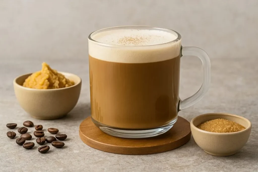 Miso Latte servido em caneca de vidro com espuma cremosa, acompanhado de grãos de café, miso e açúcar mascavo.