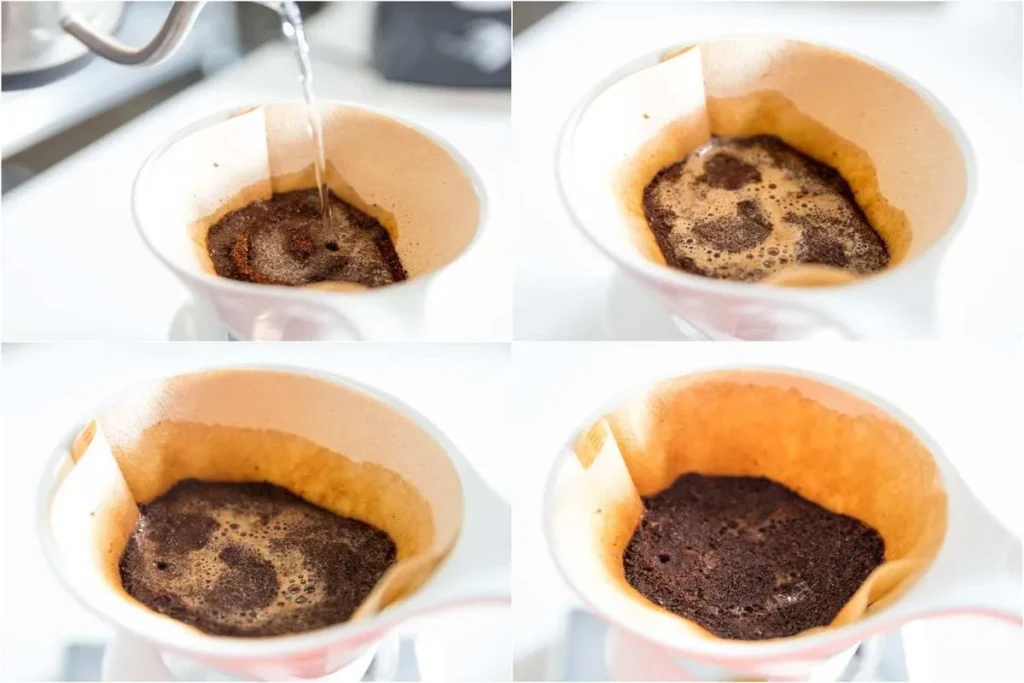 Colagem de quatro fotos mostrando o processo de "blooming" de café em um filtro: 1. Água sendo despejada; 2. Formação de bolhas; 3. Pico da expansão; 4. Estabilização dos grãos.
