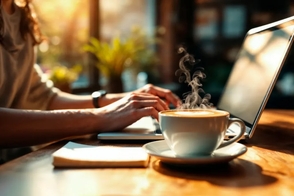 Xícara de café fumegante sobre a mesa com pessoa digitando em um notebook ao fundo.