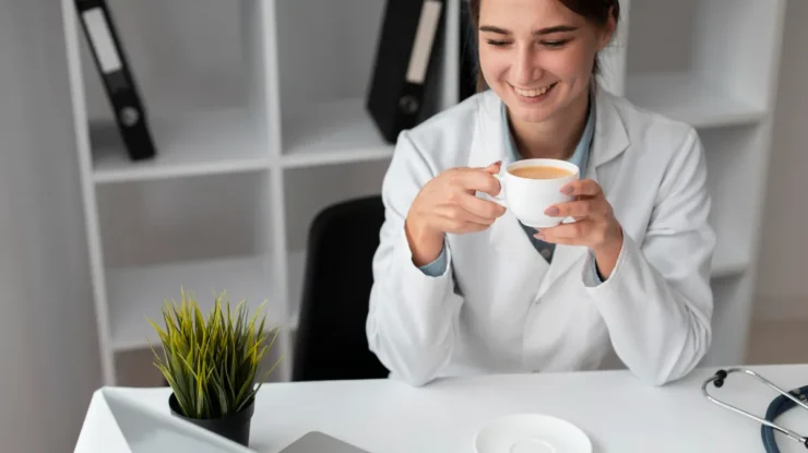Médica sorridente tomando café em consultório, com estetoscópio sobre a mesa.