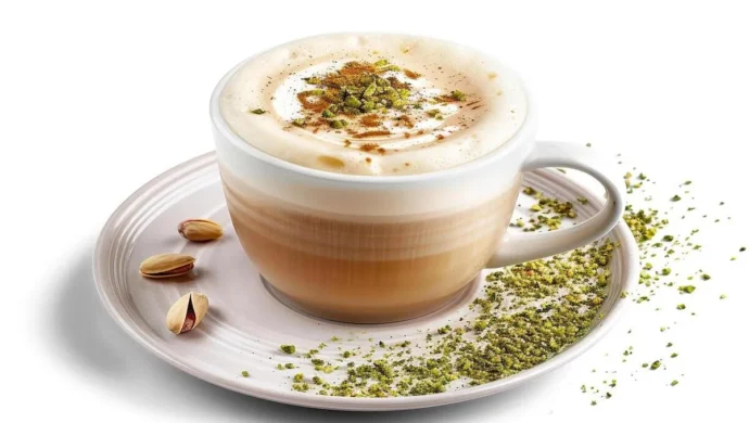 Uma caneca de café com leite espumoso e coberto com pistache picado, em um pires com pistaches inteiros e esfarelados, sobre um fundo branco.