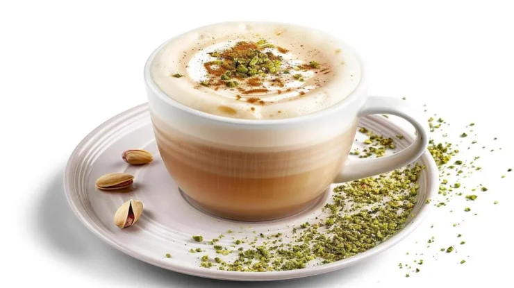Uma caneca de café com leite espumoso e coberto com pistache picado, em um pires com pistaches inteiros e esfarelados, sobre um fundo branco.