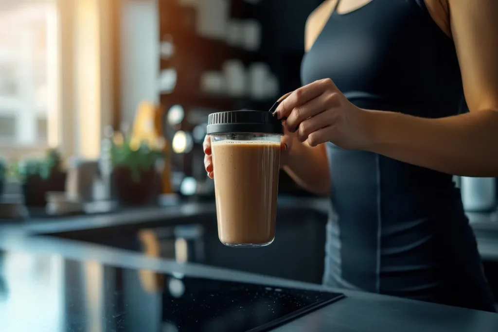 Pessoa segurando shake proteico em pote de academia para recuperação muscular.